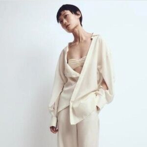 ZARA Asymmetrical Drape Silky Button-Down Blouse Medium